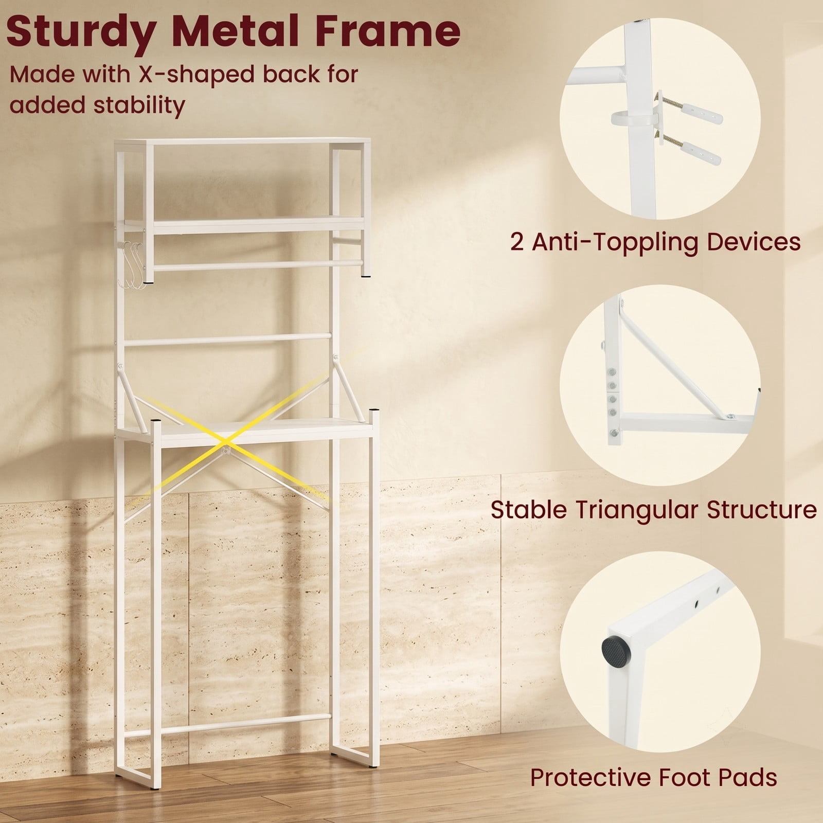 ALPULON Over the Toilet Storage Rack with Open Shelves and Towel Bar for Small Bathroom and Laundry Room Organization, White
