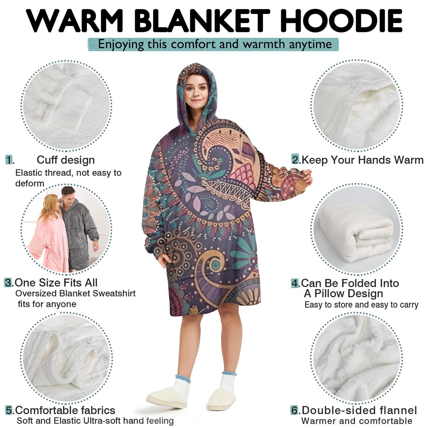 Wearable Oversized Blanket,Multicolor Paisley Pattern Wearable Blanket Hoodie for Adults,Cozy Hooded Blankets with Super Pockets,Super Warm Fuzzy Pullover for Women & Men