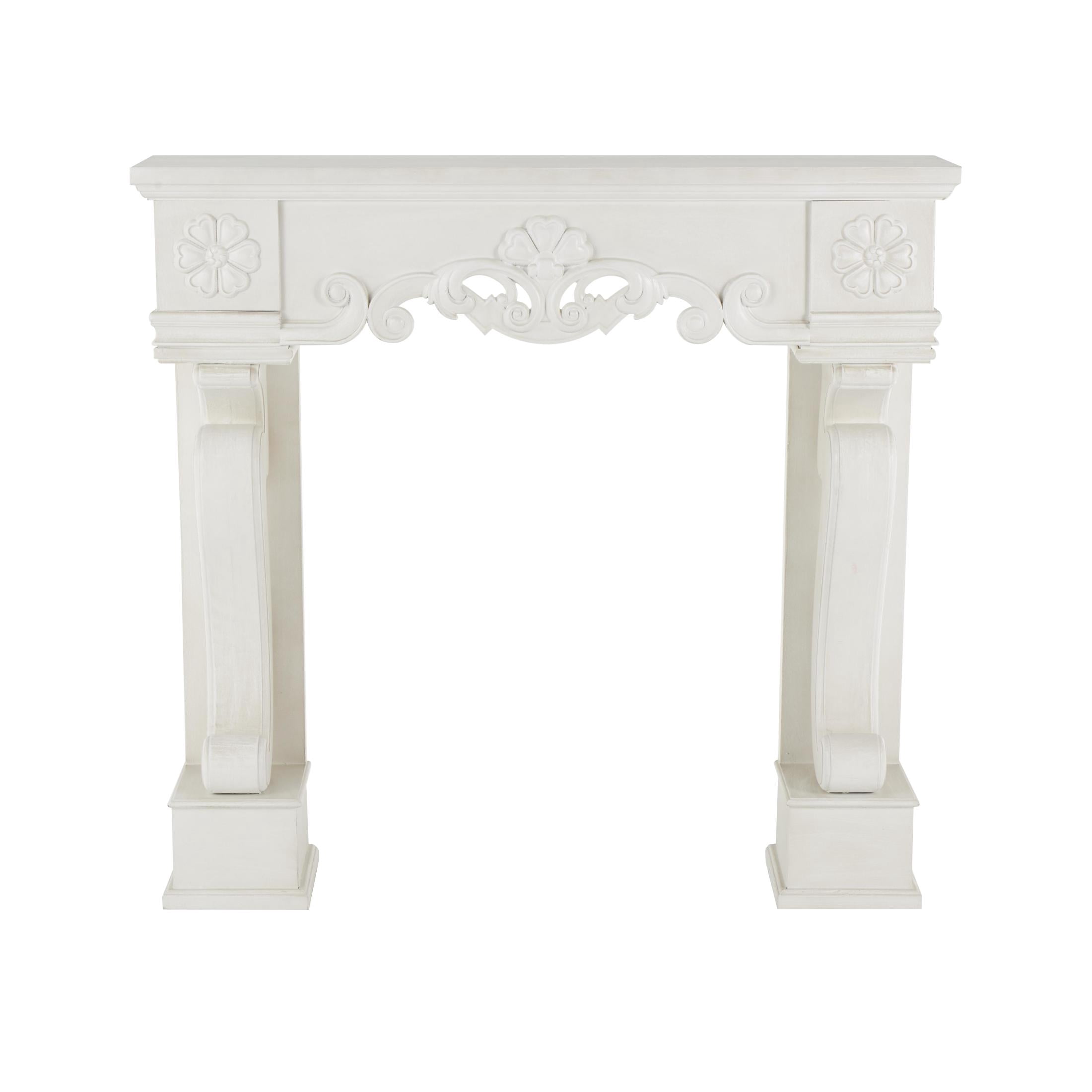 DecMode 45" x 42" Wooden White Freestanding Scroll Surround Fireplace Mantle with Floral Accents