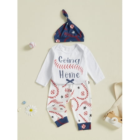 

Mama s sunshine Baby Boy Fall Outfit Baseball Letter Print Long Sleeve Rompers and Elastic Pants Hat Set 3 Piece Clothes