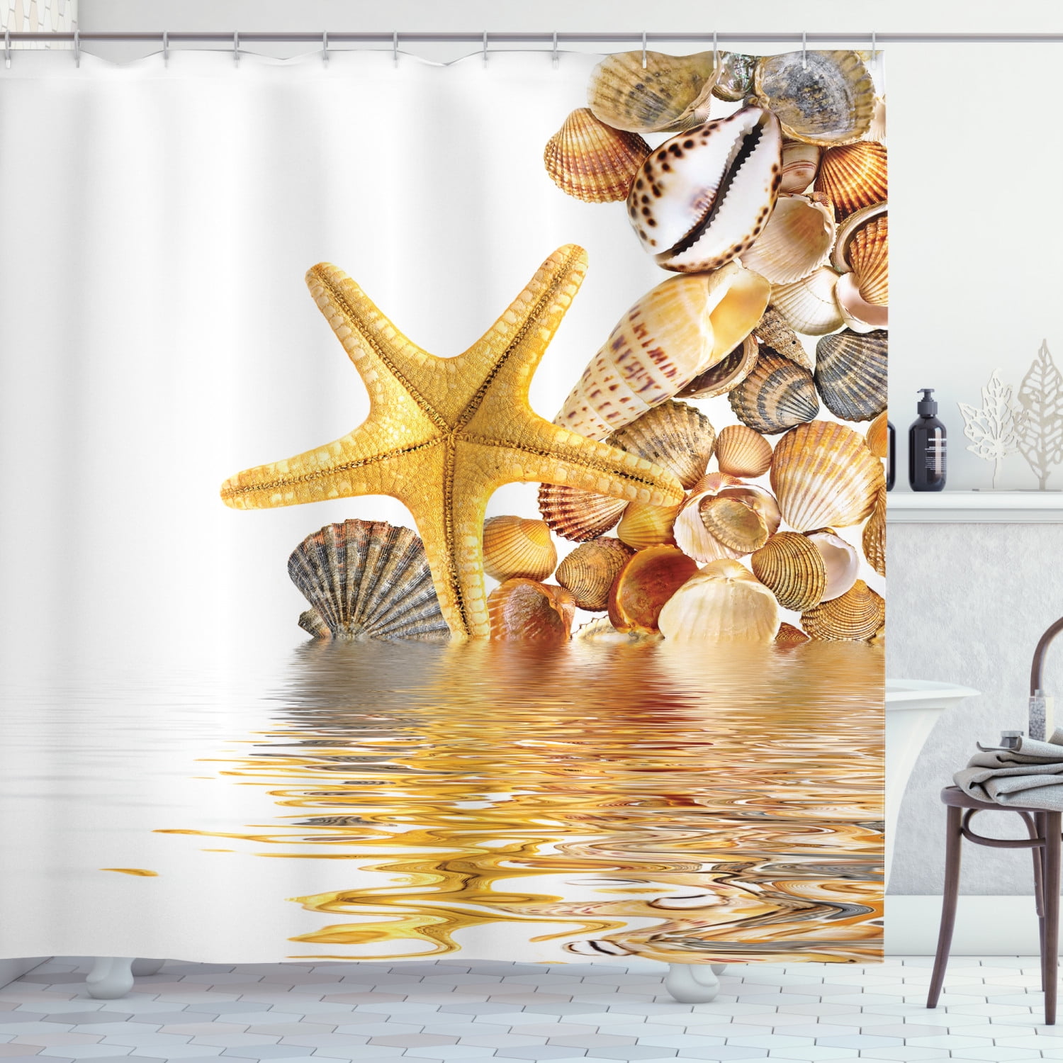Seashells Decor Shower Curtain Set, Shells And Starfish Reflection On