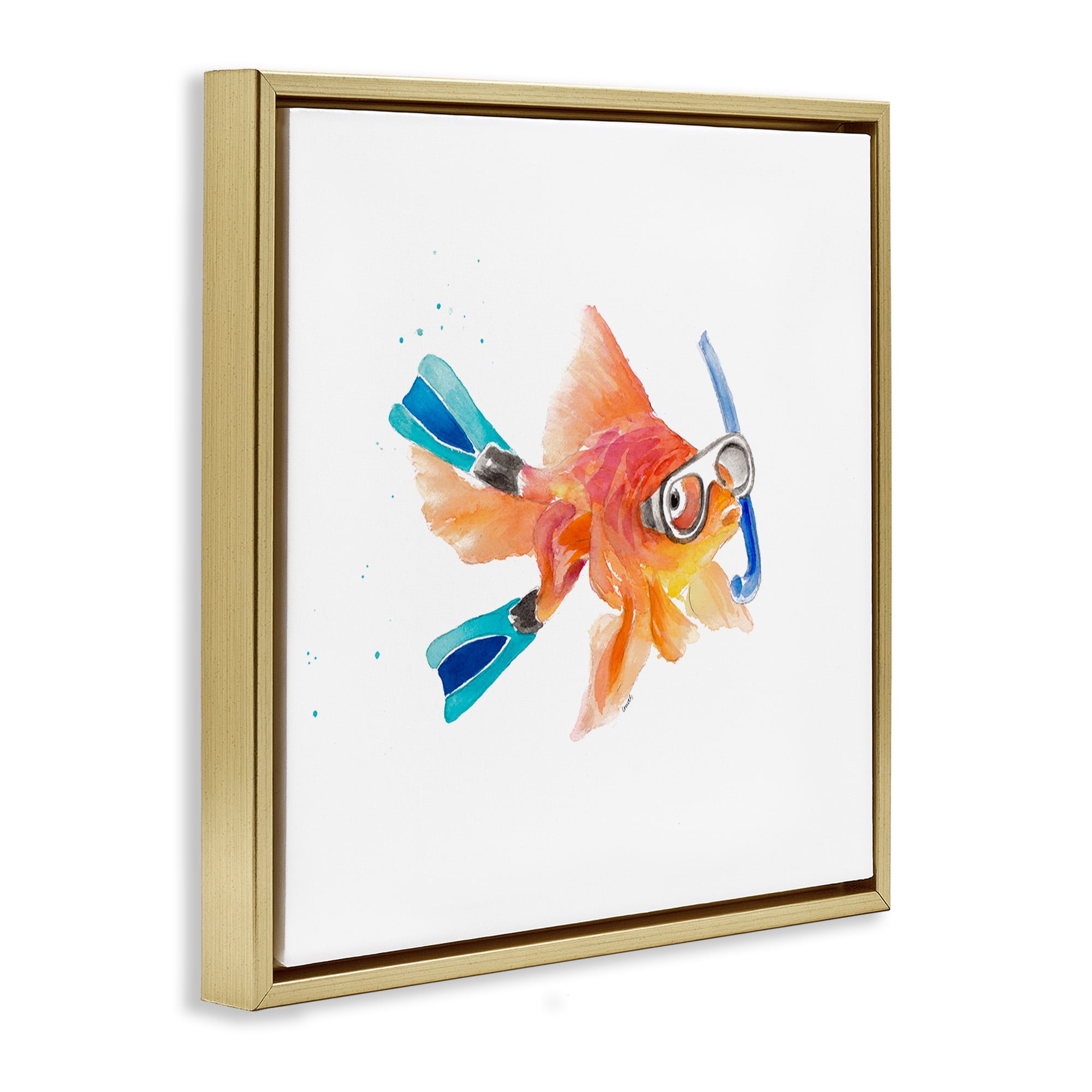 Stupell Industries Goldfish Pet Snorkel Gear Animals & Insects Painting Gold Floater Framed Canvas Art Print Wall Art, 18 x 18