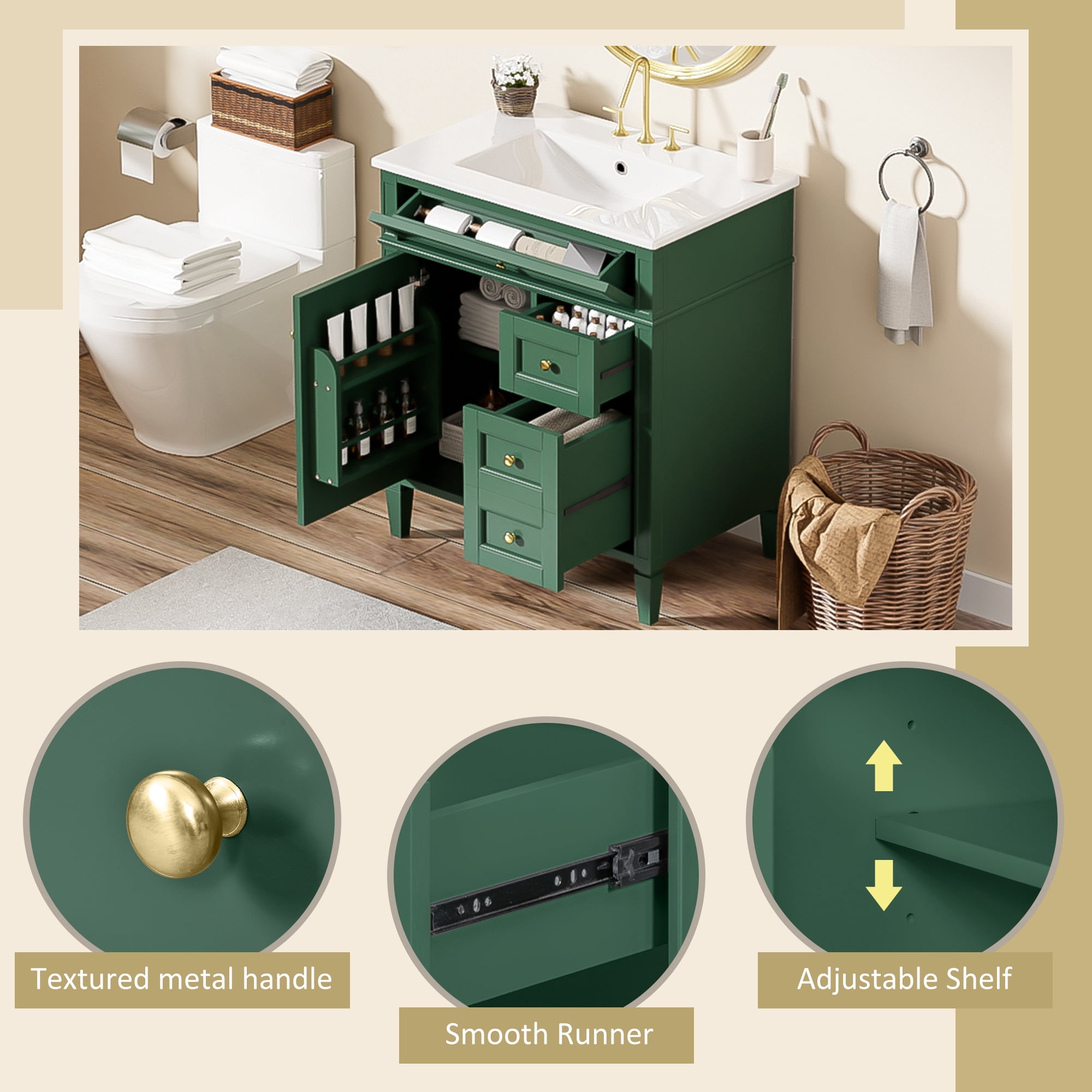 Euroco Modern Bathroom Vanity with Drawers, Cabinet Door Organizer & Tip-Out Tray,Freestanding Storage Cabinet with Sink Compatibility