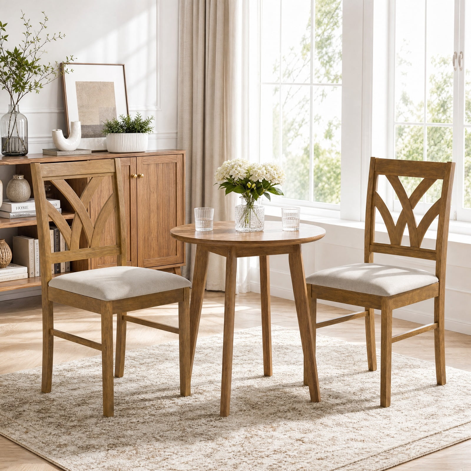 Furnibear Upholstered Wooden Dining Chairs Set of 2 with Hollowed Backrest and Padded Seats on Solid Rubber Wood Frame, Oak