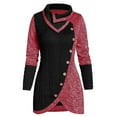 thumbnail image 1 of Qertyioot Chandail pour Femme Grande Taille Femme Col Rond Manches Longues Uni Bouton Patchwork Hauts Asymétriques, 1 of 5