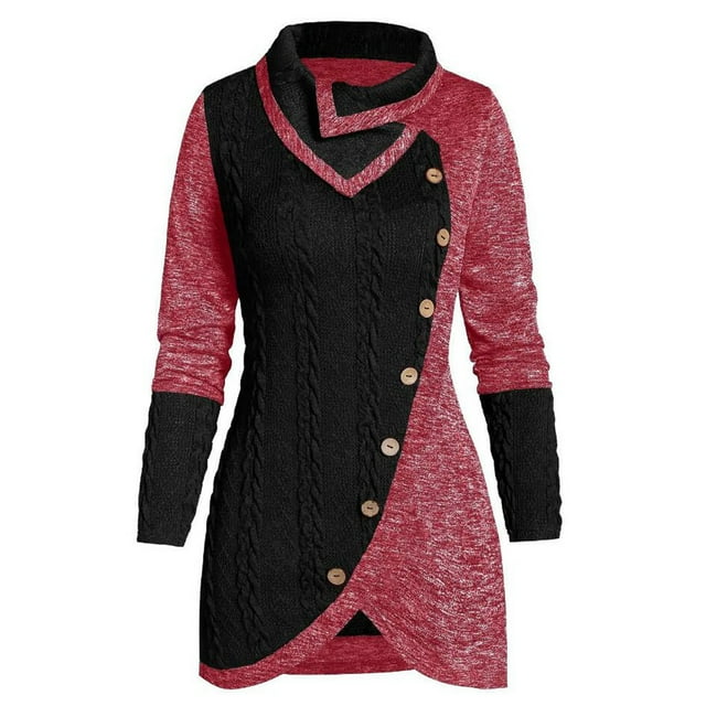 Qertyioot Chandail pour Femme Grande Taille Femme Col Rond Manches Longues Uni Bouton Patchwork Hauts Asymétriques