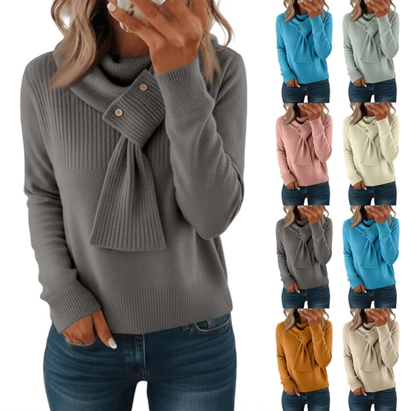 Turtleneck Sweaters for Women Scarf Collar Knit Top Long Sleeve Casual Pullover Light Blue ONE SIZE