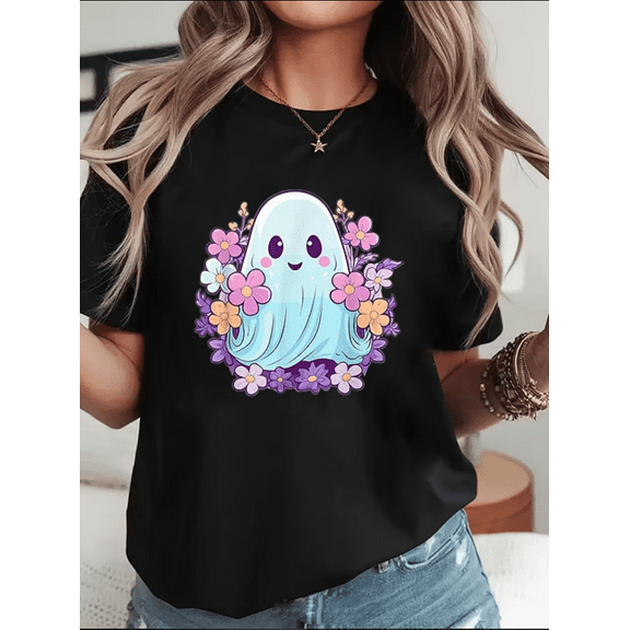 Cute Ghost With Flowers Funny Halloween Kids Girls Unisex T-Shirt, up to Size 5XL