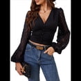 thumbnail image 3 of Tops de Encaje con Escote en V Profundo para Mujer, Elegantes, de Larga, Tipo Farol, Cortos, Ajustados, para Salir en Negro L, 3 of 9