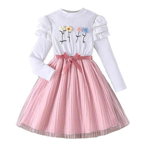 HAYIMI Kids Girls Dresses Flower Dress With Tiered Ruffle Elegant Party Wear For Children O-Neck Classic Sundress
