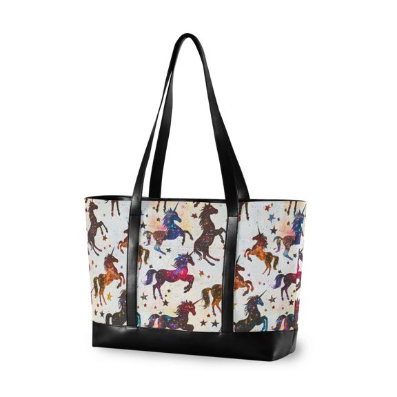 FORMRS Canvas Laptop Tote Bag for Women with 15.6" Computer Compartments Shoulder Handbag, Rainbow Stars Pattern