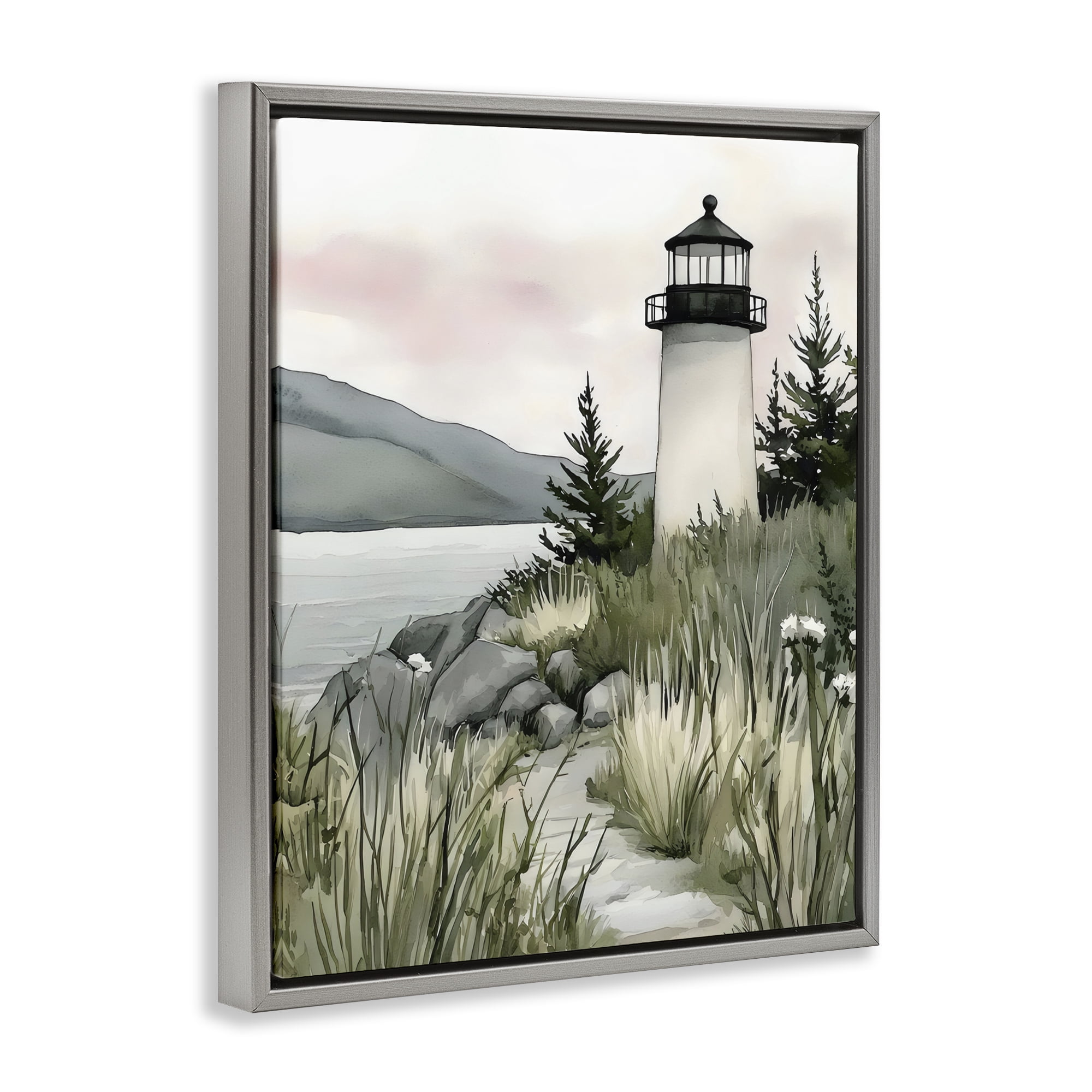 Stupell Industries Coastal Calm Lighthouse Gray Framed Floater Canvas Wall Art, design by Riley B