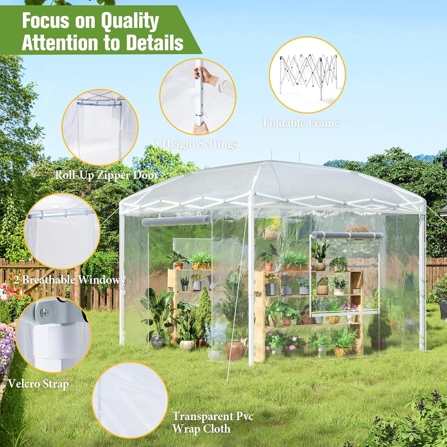 Jocisland 9.7x9.7×8.5 ft Upgraded Pop-up Portable Walk in Greenhouses for Outdoors with Adjustable Reinforced Frame, with Roll-up Zipper Door, White