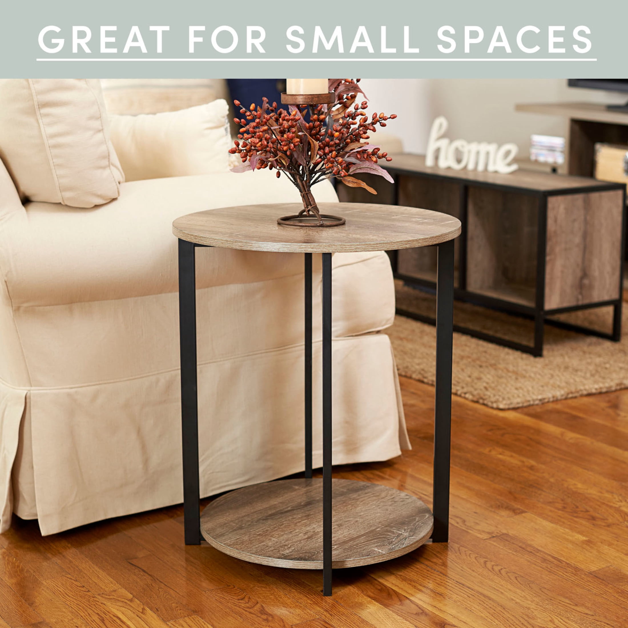 Household Essentials Jamestown Round Side End Table with Storage Shelf Ashwood Rustic Wood Grain and Black Metal