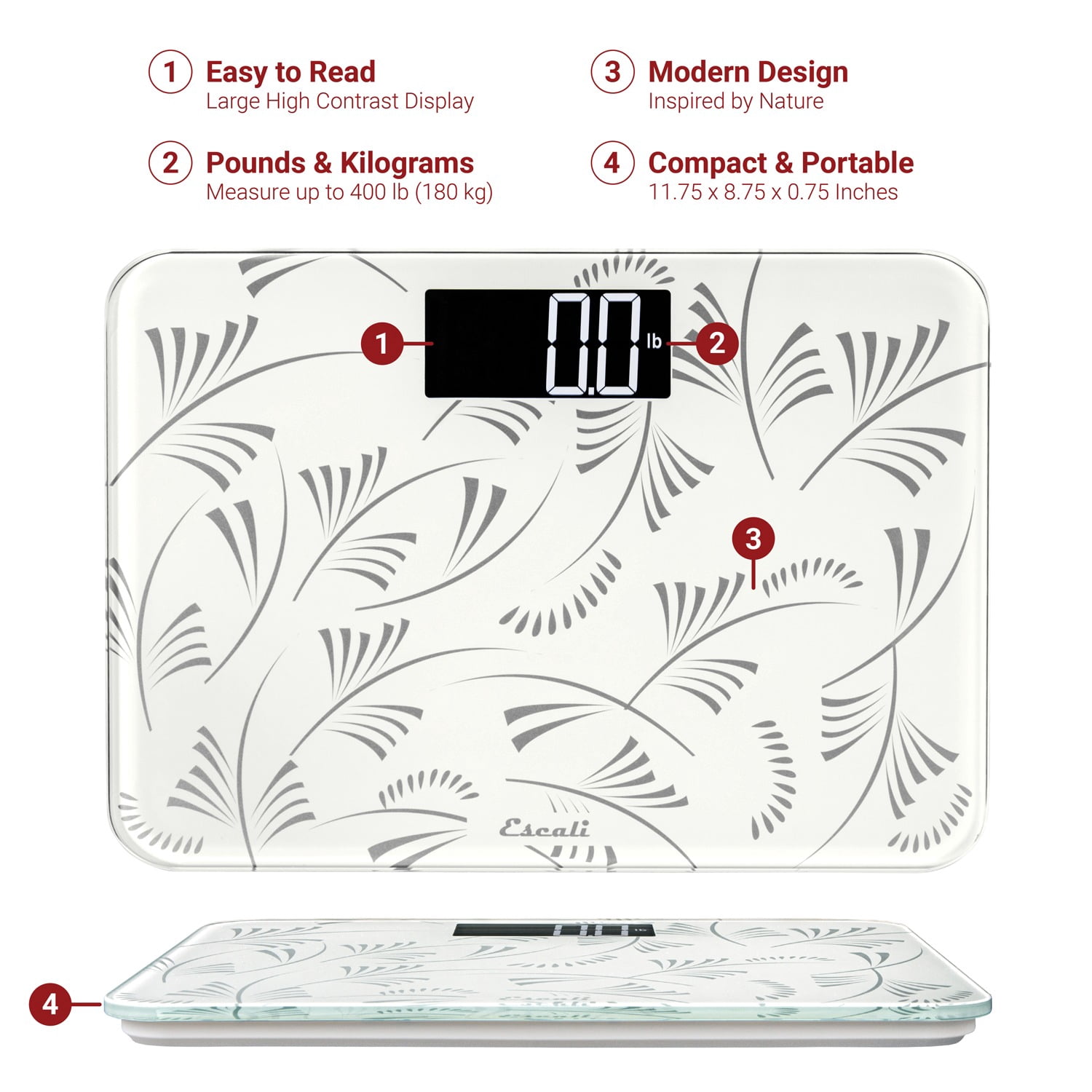 Escali B180SB Square Bath Scale,400lb Capacity, Sleek and Slim Profile, Extra Large Digital LCD Display, Black