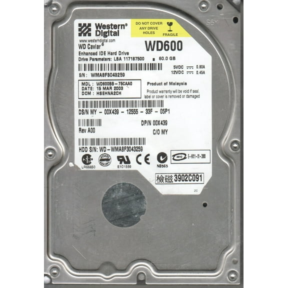 WD600BB-75CAA0, DCM HSEHNA2CH, Western Digital 60GB IDE 3.5 Hard Drive