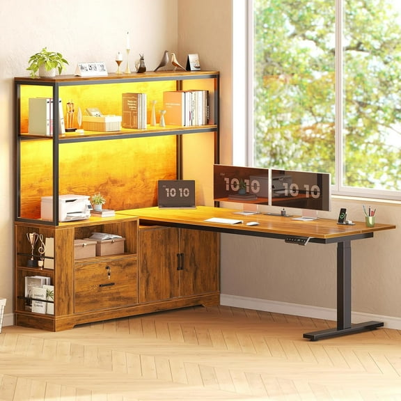 SEDETA L Shaped Standing Desk, Electric Adjustable Height Computer Desk with Drawer, Cabinet & Bookcase,  Stand Up Corner Desk with LED Lights & Power Outlets for Home Office, Rustic Brown