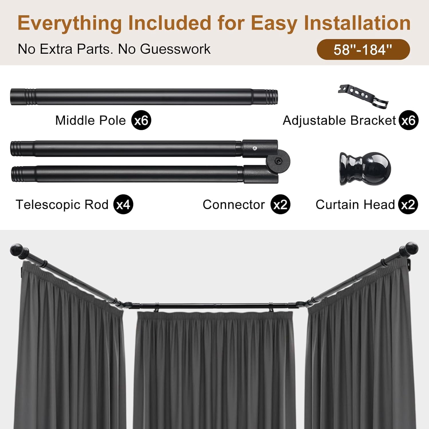 Bay Window Curtain Rods, 36-160" Heavy Duty Corner Curtain Rod, Adjustable DIY Design for Center and Side Rods,U-Shape 1 inch Drapery Rod Set with Brackets for Windows - Black