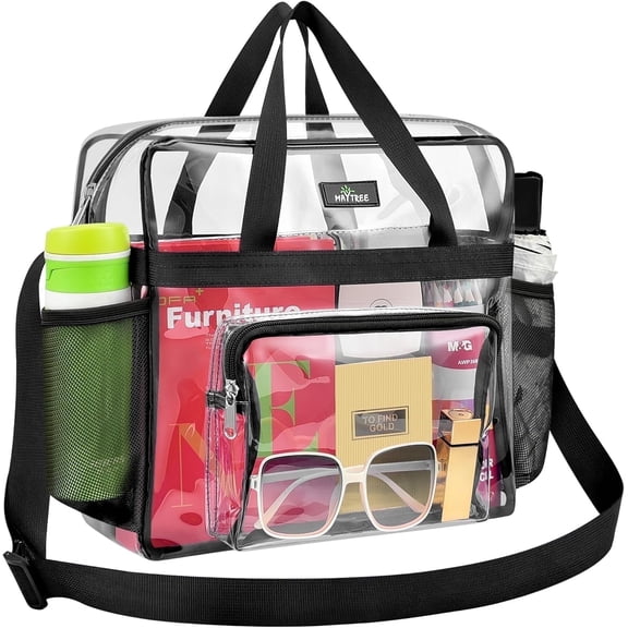 MAY TREE Clear Bag for Stadium Events, 12×6×12 Clear Tote Bag with Adjustable Strap for Sports Work Festival Concert - Black