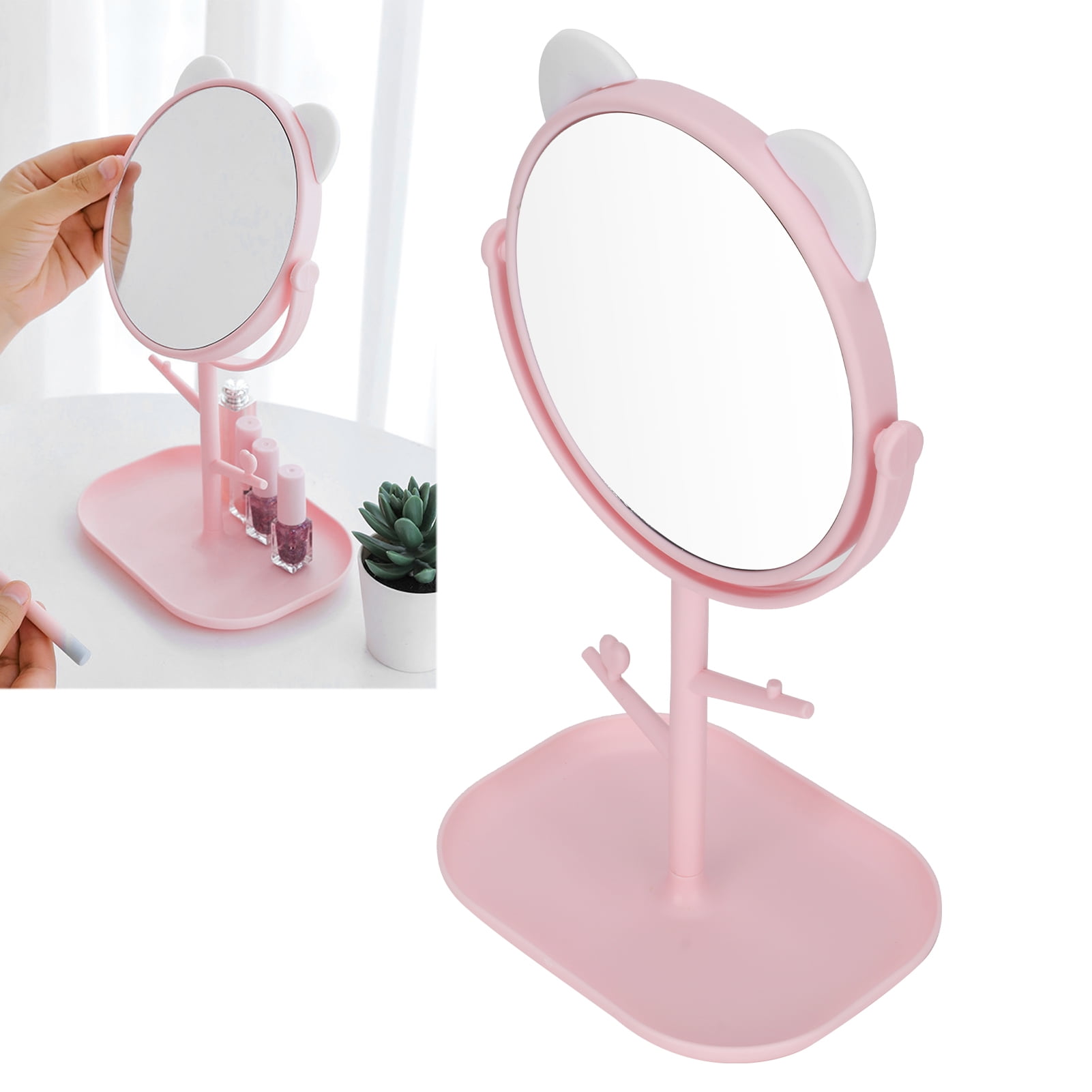 Octpeak Cosmetic Mirror with Storage Tray Cat Ears Adjustable Vanity Mirror with Small Stand for