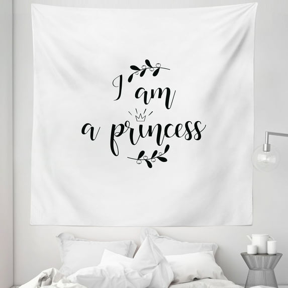Cartoon Tapestry, Monochrome Hand Writing Style Words with Olive Branch Life Theme, Fabric Wall Hanging Decor for Bedroom Living Room Dorm, 5 Sizes, White Black, by Ambesonne