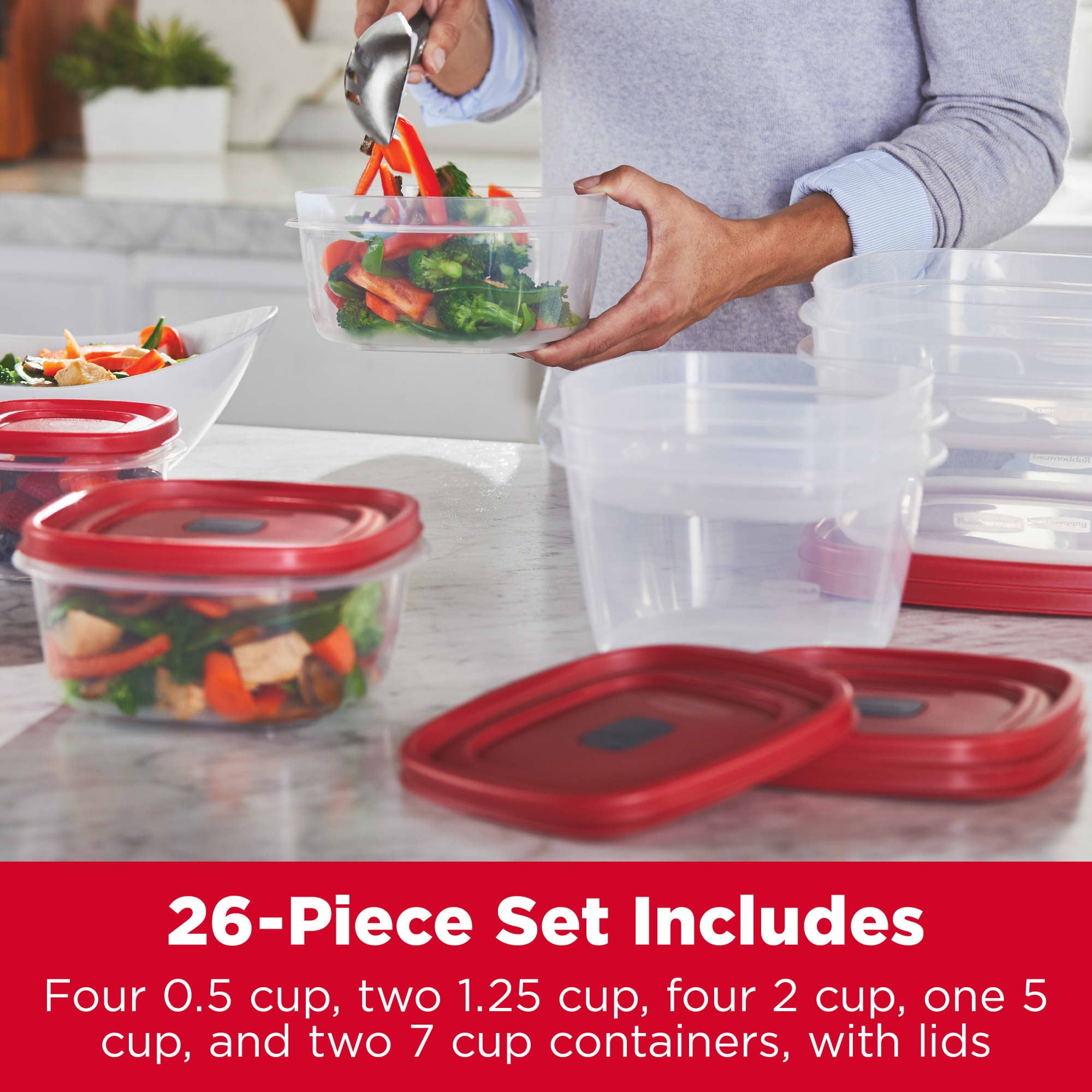 Rubbermaid Easy Find Lids Food Storage Containers with Vented Lids, 26 Piece Set, Red