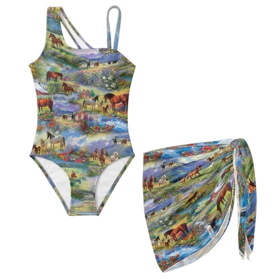 Uourmeti Horse Swimsuit Girl One PIece Swimwear with Sheer Beach Sarong Skirt Age 7-18 Girl Athletic Bathing Suit for Beach Vacation 2 Piece Swiming Costume