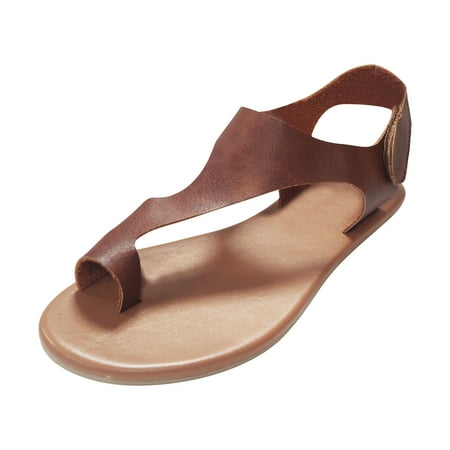 

Women s Summer Beach Flats Slippers Buckle T-strap Leather Ring Toe Flip Flops
