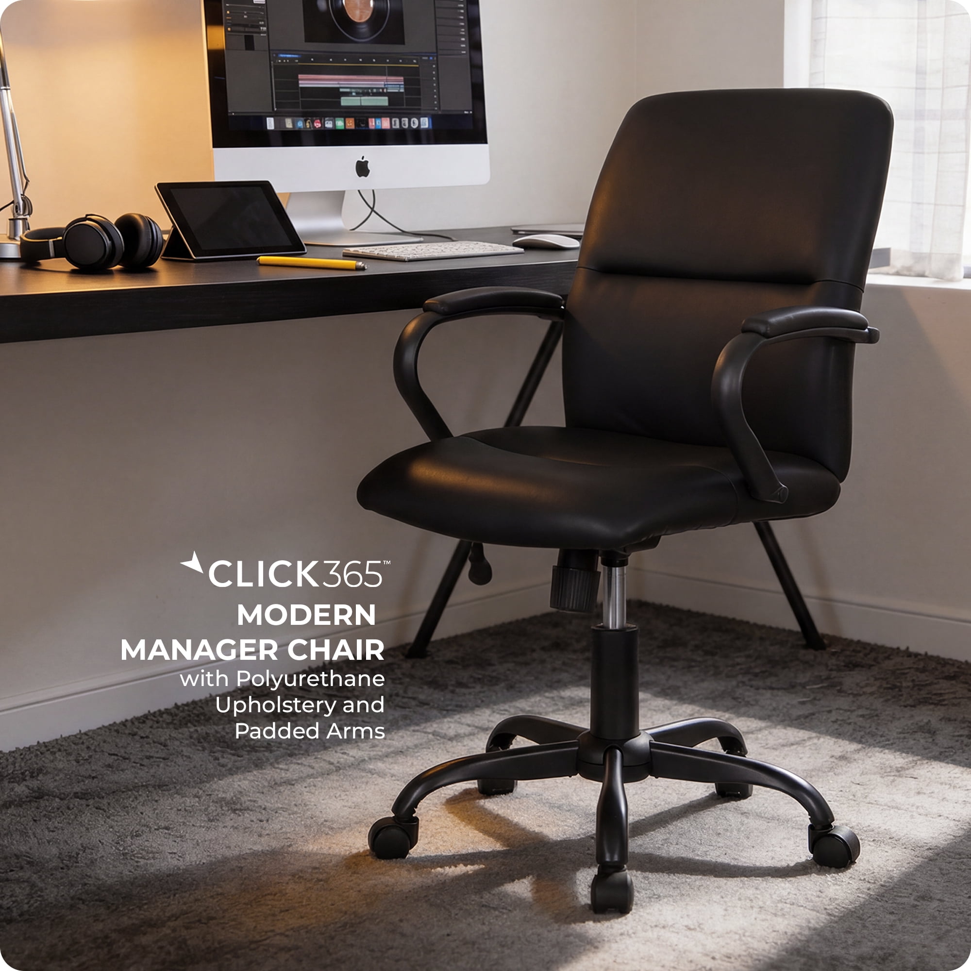 Click 365 Adult Polyurathane Mid Back Indoor Commercial Ergonomic Office Chairs Hardware Kit, Black