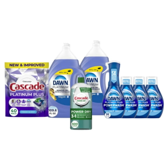 Ultimate Cleaning Bundle: Cascade Platinum Plus Pods, Cascade Rinse Aid, Dawn Platinum Dish Soap, & Dawn Powerwash Spray Kit   3 Refills