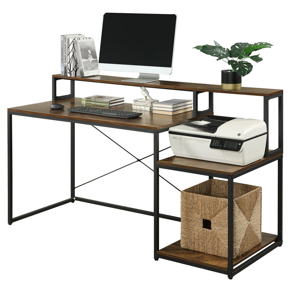 Computer Desk with Printer Shelf, Solid Wood Study Writing Table, 59 inch Industrial Computer