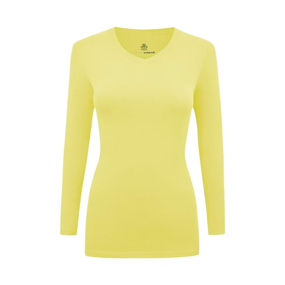 Women's Under Scrubs Long Sleeve T-Shirt Comfort V-Neck Medical Underscrub Tee -Super Soft and Stretchy (Yellow, XX-Small)