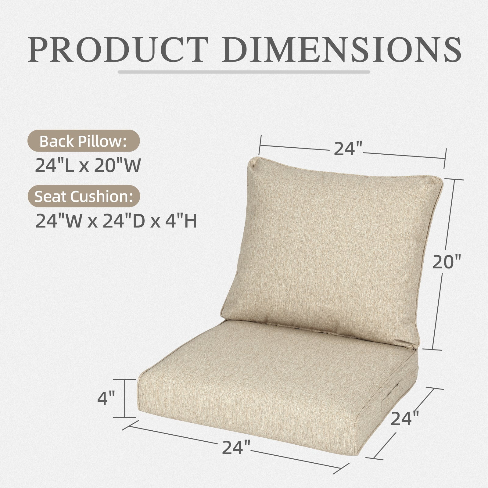 Aoodor 24" x 24" Patio Deep Seat Cushion Set, Water Resistant & Fade Resistant Outdoor Furniture Cushions with Adjustable Straps for Patio, Deck, Garden