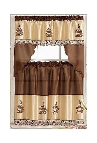 beige  36 " KITCHEN CURTAIN Embellished Cottage set embroidered COFFEE CUP 