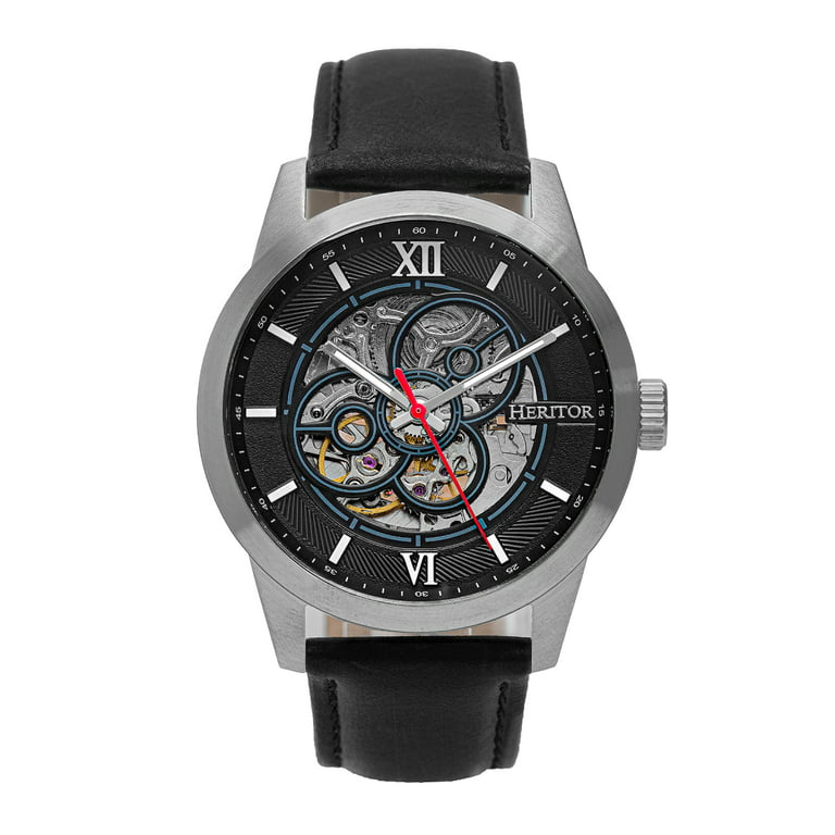 Heritor Automatic Jonas Leather-Band Skeleton Watch - Silver/Black