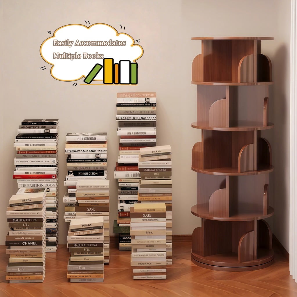 5-Tier Rotating Bookshelf, 360° Spinning Bookcase Tower, Space-Saving Round Display Shelf for Books, Magazines & Decor, Small Space Organizer for Bedroom, Living Room & Office, Walnut