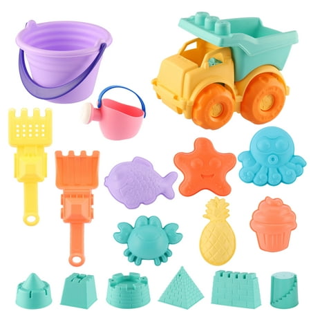 Kids Beach Toys Toddlers Outdoor Beach Sand Toy Set with Car Bucket Castle Molds and Mesh Bag Soft Plastic Material (17-piece