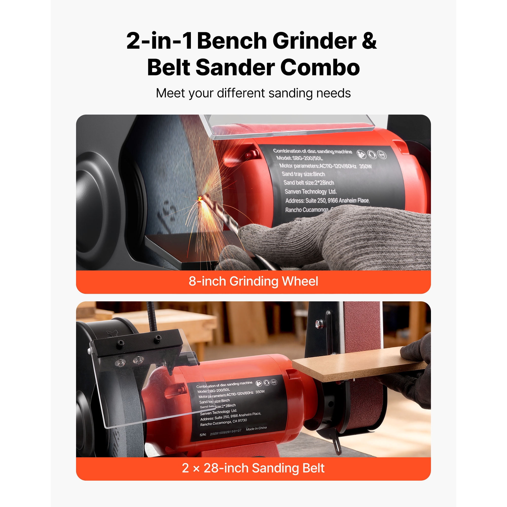 KFFKFF 8-Inch Bench Grinder and 2-Inch x 28-Inch Belt Sander Combo, 350W Grinding and Sanding Machine with LED Work Light and Eye Shield for Metal and Wood Projects, Knife Sharpening