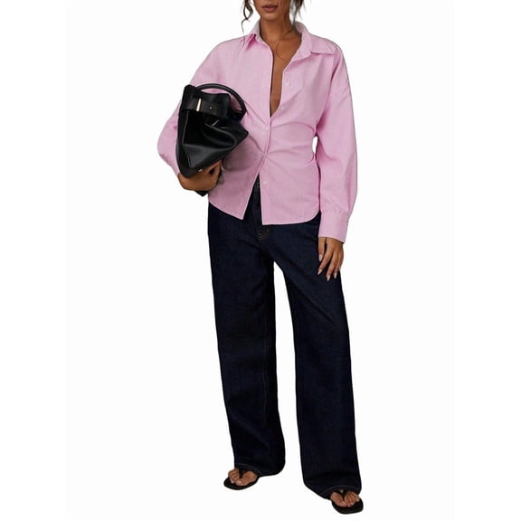 Women'S Striped Back Tie Waist Long Sleeve Shirt Pink XL