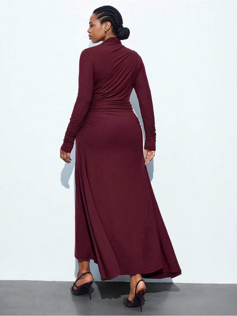 burgundy ruched bodycon dress /// Burgundy Plus Size Long Sleeve High Neck Ruched Bodycon Maxi Dress For Women, Women's, Size: 4XL, Red