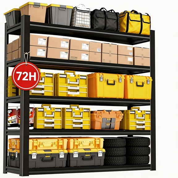 72''H Garage Shelving, Garage Storage Shelves, 5 Tier Heavy Duty Shelving, 3000 lbs Capacity Adjustable Standing Shelf and Thickened Double-Layer Posts for Garage,Warehouse,Basement, Black
