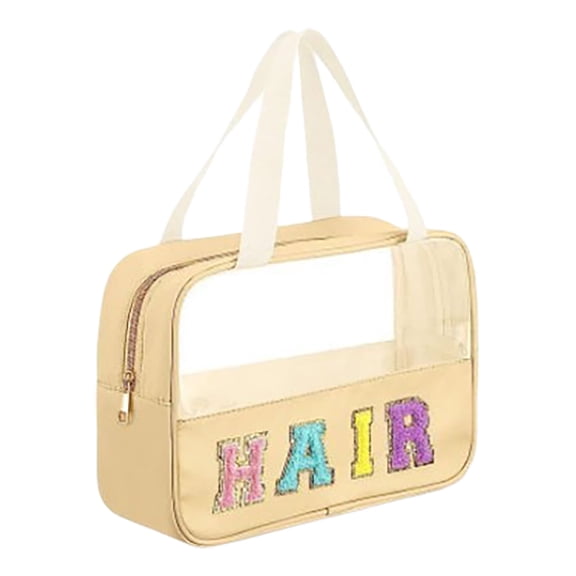 Cosmetic Bag Letter Patch Clear Travel Bags Preppy and Nylon Makeup Organizer with Handle and Zipper Large Clear Toiletry Storage for Women and Girls