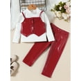 thumbnail image 2 of Suealasg Little Girls Fall Outfits 1T 2T 3T 4T 5T 6T Long Sleeve Mock Neck Ribbed Tops PU Leather Pants Vest Sets 3Pcs Toddler Kids Girls Autumn Clothes Set, 2 of 4