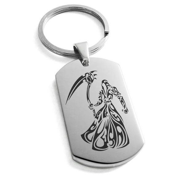 Stainless Steel Harbinger Grim Reaper Engraved Dog Tag Keychain Keyring