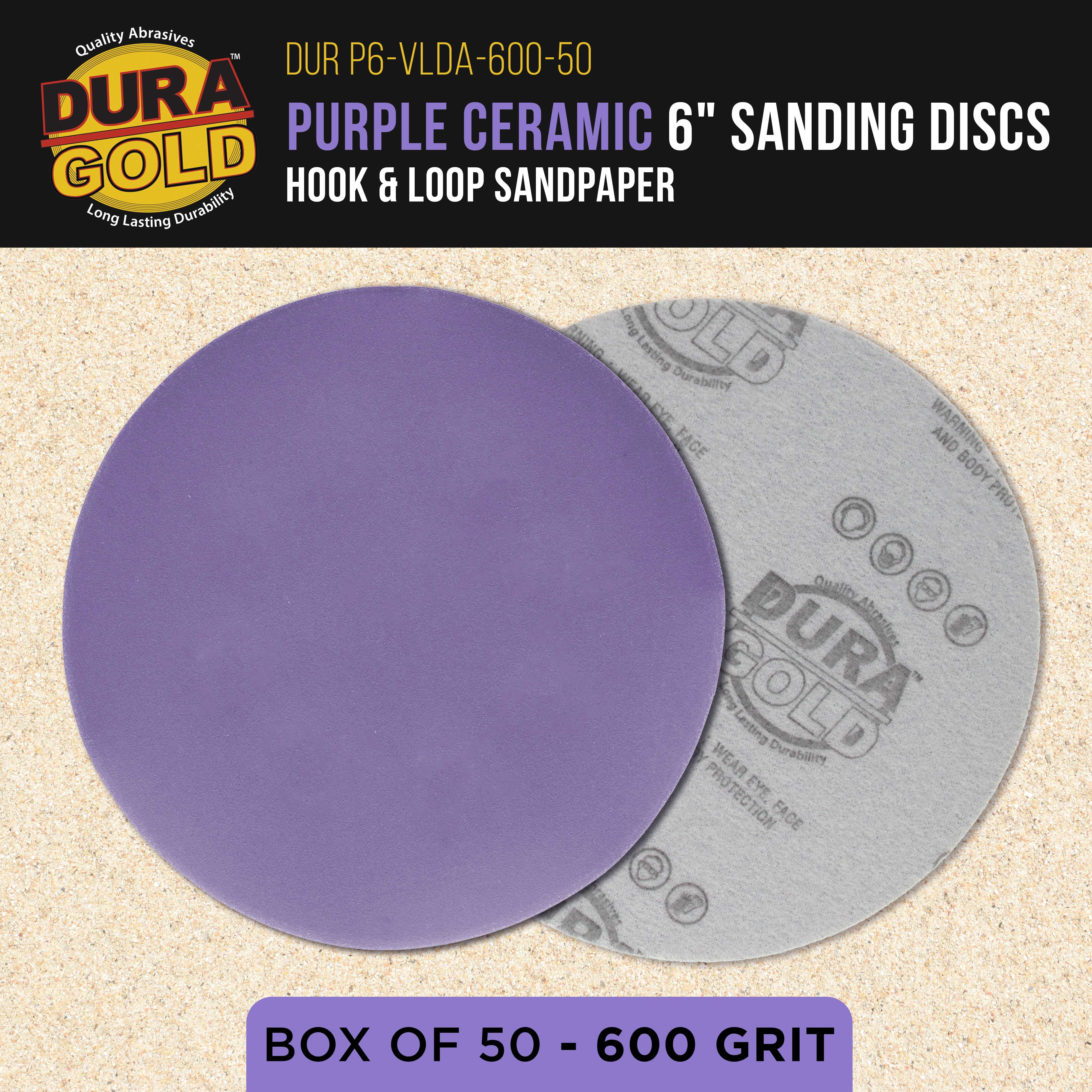 Dura-Gold Premium 600 Grit 6" Purple Film Ceramic Sanding Discs, Box of 50 - Hook & Loop Backing Sandpaper for DA & Random Orbital Sanders - Fast Sharp-Cut Abrasive, Sand Auto Paint, Woodworking