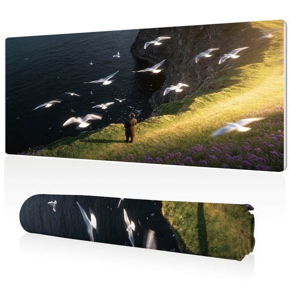 LIVEKEY Extra Large Mouse Pad 80x40x0.3cm Cliffside Sea View Person Design Full Desk Coverage Non Slip Durable Easy Clean Stitched Edges for Gaming and Office