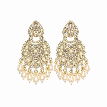 Jaipur Jewellery - Women’s Gold Pearl Drop Chandelier Earrings with Crystal Stones, Ethnic Bridal Statement Jewelry for Women