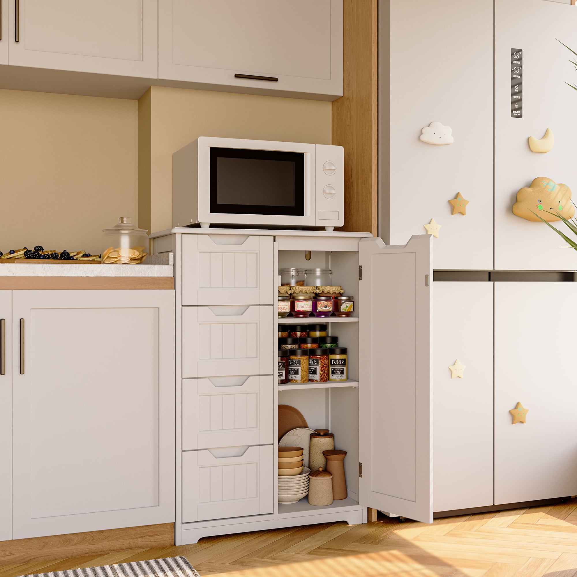 Pantry Cabinet, Lofka 33" Small Kitchen Pantry Storage Cabinet with 1 Door, 2 Shelves, 4 Drawers, White