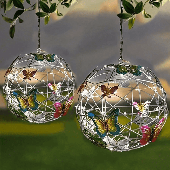 Hanging Solar Light Round Ball with Colorful Butterfly with Weaving String Special Gift for Garden Patio Gazebo Decor Camping