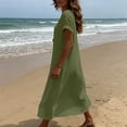 thumbnail image 6 of Women's Cotton Linen Midi Dress Casual Solid Short Sleeve V Neck Button Button Loose Summer Tshirt Dresses Beach Vacation Sundress, 6 of 7